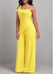 Yellow jumpsuits & rompers,Plain Color jumpsuits & rompers,ROTITA Zipper Patchwork Yellow Long One Shoulder Jumpsuit