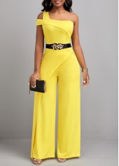 ROTITA Zipper Patchwork Yellow Long One Shoulder Jumpsuit