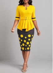 ROTITA Patchwork Polka Dot Yellow Belted Bodycon Dress