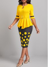 Yellow dresses,Black dresses,Dot dresses,ROTITA Patchwork Polka Dot Yellow Belted Bodycon Dress