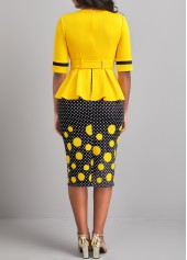 Yellow dresses,Black dresses,Dot dresses,ROTITA Patchwork Polka Dot Yellow Belted Bodycon Dress