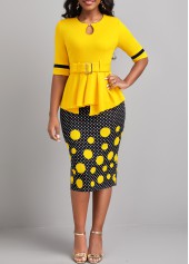 Yellow dresses,Black dresses,Dot dresses,ROTITA Patchwork Polka Dot Yellow Belted Bodycon Dress