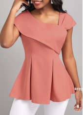 Pink tops,Plain Color tops,ROTITA Pink Asymmetrical Neck Short Sleeve Blouse