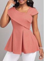 Pink tops,Plain Color tops,ROTITA Pink Asymmetrical Neck Short Sleeve Blouse