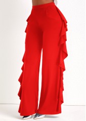 Red bottoms,Plain Color bottoms,Ruffle Wide Leg Red High Waisted Pants