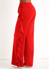 Red bottoms,Plain Color bottoms,Ruffle Wide Leg Red High Waisted Pants