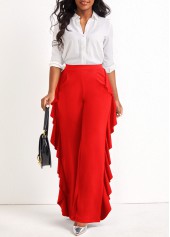 Red bottoms,Plain Color bottoms,Ruffle Wide Leg Red High Waisted Pants