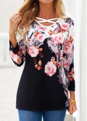 Black tops,Floral tops,Dot tops,Paisley tops,ROTITA Criss Cross Floral Print Black T Shirt
