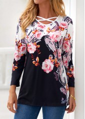 Black tops,Floral tops,Dot tops,Paisley tops,ROTITA Criss Cross Floral Print Black T Shirt
