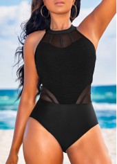 Black swimwear,Plain Color swimwear,ROTITA Cutout Patchwork Black One Piece Swimwear