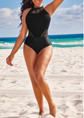 Black swimwear,Plain Color swimwear,ROTITA Cutout Patchwork Black One Piece Swimwear