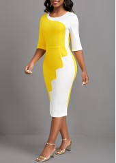 Yellow dresses,White dresses,Plain Color dresses,ROTITA Patchwork Yellow Round Neck Half Sleeve Bodycon Dress