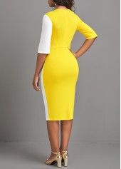 Yellow dresses,White dresses,Plain Color dresses,ROTITA Patchwork Yellow Round Neck Half Sleeve Bodycon Dress