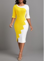 ROTITA Patchwork Yellow Round Neck Half Sleeve Bodycon Dress