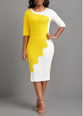Yellow dresses,White dresses,Plain Color dresses,ROTITA Patchwork Yellow Round Neck Half Sleeve Bodycon Dress