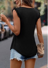 Black tops,Plain Color tops,Frill Black Split Neck Tank Top