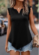 Black tops,Plain Color tops,Frill Black Split Neck Tank Top