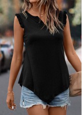 Black tops,Plain Color tops,Frill Black Split Neck Tank Top