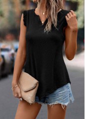 Black tops,Plain Color tops,Frill Black Split Neck Tank Top