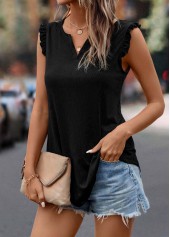 Black tops,Plain Color tops,Frill Black Split Neck Tank Top