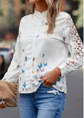 White tops,Animal Print tops,Patchwork Butterfly Print White Round Neck Blouse