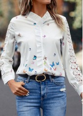 White tops,Animal Print tops,Patchwork Butterfly Print White Round Neck Blouse