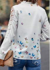 White tops,Animal Print tops,Patchwork Butterfly Print White Round Neck Blouse