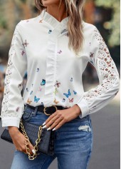White tops,Animal Print tops,Patchwork Butterfly Print White Round Neck Blouse