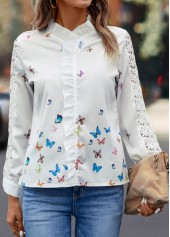 Patchwork Butterfly Print White Round Neck Blouse
