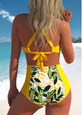 Yellow swimwear,Plants swimwear,ROTITA Mesh Yellow Leaf Print Bikini Top