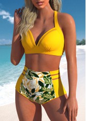 Yellow swimwear,Plants swimwear,ROTITA Mesh Yellow Leaf Print Bikini Top