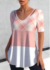 Light Pink plus size,Plaid plus size,Striped plus size,ROTITA Plus Size Plaid V Neck T Shirt