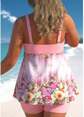 Light Pink plus size,Floral plus size,Plants plus size,ROTITA Plus Size Bowknot Floral Print Tankini Top