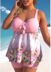 Light Pink plus size,Floral plus size,Plants plus size,ROTITA Plus Size Bowknot Floral Print Tankini Top