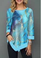 ROTITA Patchwork Ombre Cyan Round Neck T Shirt