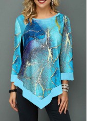 Cyan tops,Ombre tops,ROTITA Patchwork Ombre Cyan Round Neck T Shirt