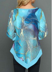 Cyan tops,Ombre tops,ROTITA Patchwork Ombre Cyan Round Neck T Shirt