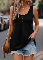 Black tops,Plain Color tops,Button Black Scoop Neck Tank Top
