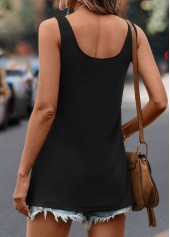 Black tops,Plain Color tops,Button Black Scoop Neck Tank Top