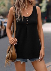 Black tops,Plain Color tops,Button Black Scoop Neck Tank Top