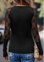 Black tops,Plain Color tops,Black V Neck Long Sleeve Patchwork T Shirt
