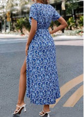 Blue dresses,Paisley dresses,Split Paisley Print Blue Belted Dress