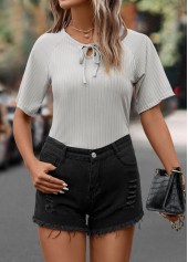 Light Grey tops,Plain Color tops,Tie Light Grey Round Neck T Shirt