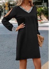 Black dresses,Plain Color dresses,Shinning Black Short H Shape V Neck Dress
