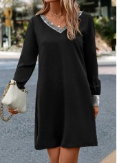 Black dresses,Plain Color dresses,Shinning Black Short H Shape V Neck Dress