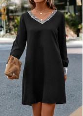 Black dresses,Plain Color dresses,Shinning Black Short H Shape V Neck Dress