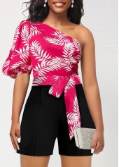 Hot Pink jumpsuits&rompers,Black jumpsuits&rompers,Plants jumpsuits&rompers,ROTITA Bowknot Plants Print Hot Pink Belted Romper