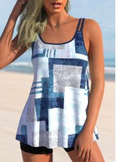 Geometric Print Double Straps Blue Tankini Set