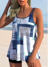 Blue swimwear,Geometric swimwear,ROTITA Geometric Print Double Straps Blue Tankini Top
