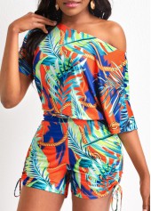 Multi Color jumpsuits & rompers,Plants jumpsuits & rompers,Drawstring Leaf Print Multi Color Romper
